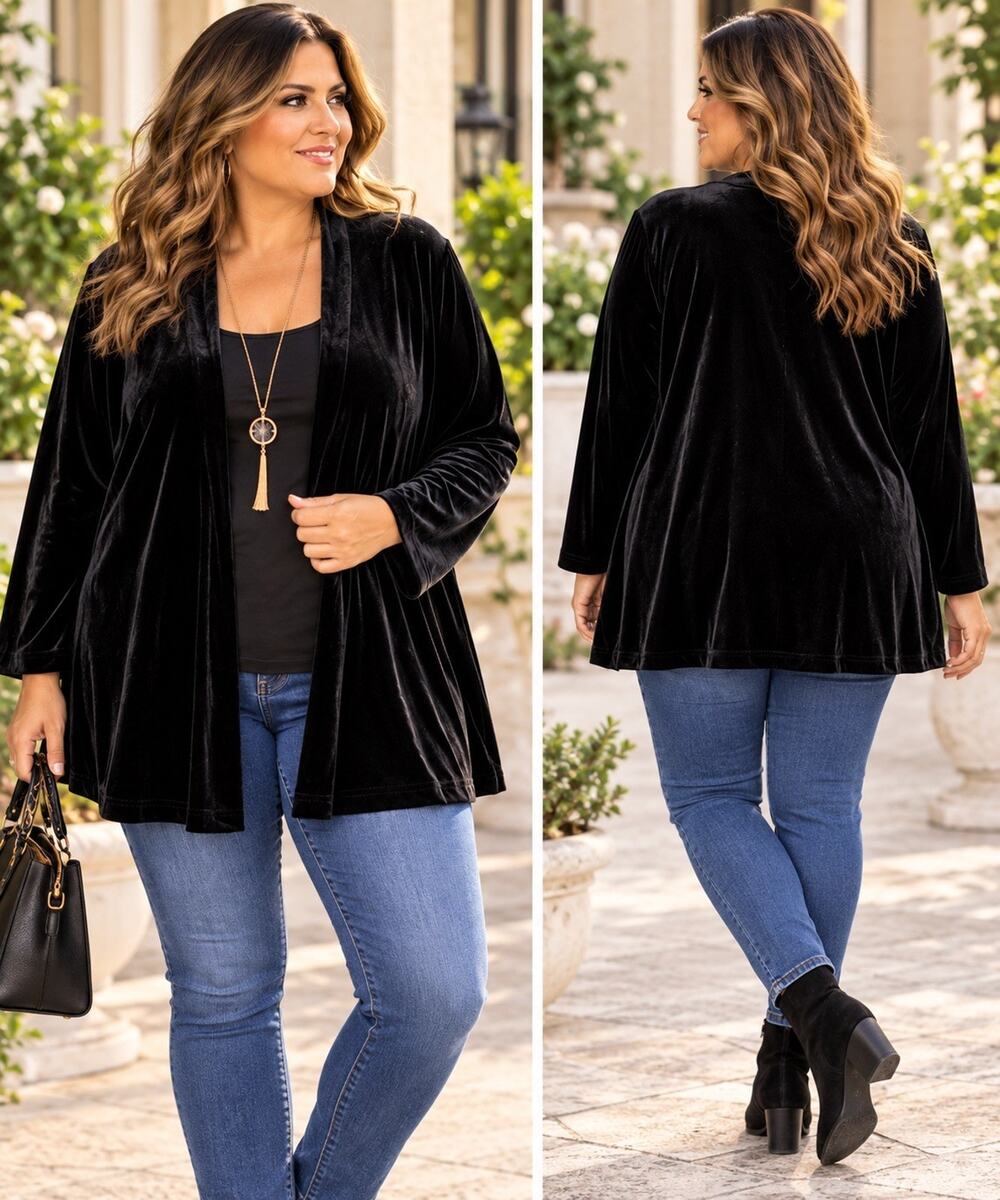 Quacker Factory Womens 2X Black Velvet Open Front Cardigan Jacket Long Sleeve